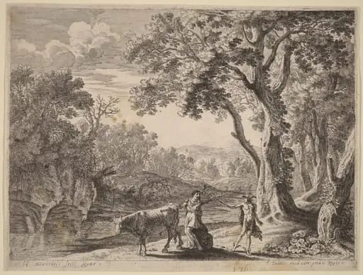 Battus Transformed into Stone, by Herman van Swanevelt, ink, 1628