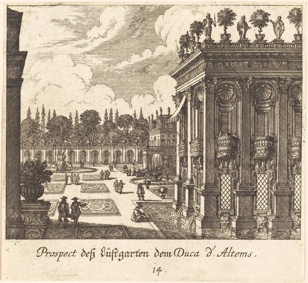 Gardens, Duke d'Altems, by Melchior Küsel, ink, 1681