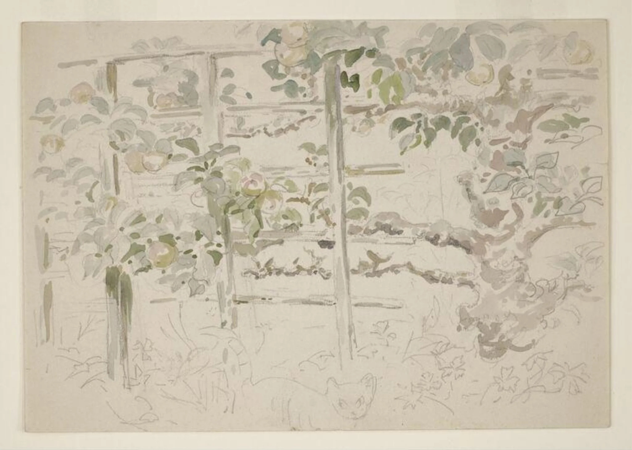Trellis and apple tree in the garden at Gwaynynog, detail