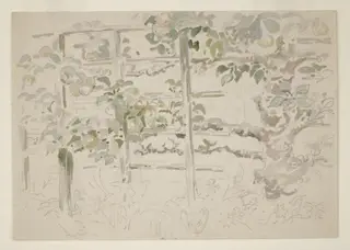 Trellis and apple tree in the garden at Gwaynynog, by Beatrix Potter, watercolor, 1909