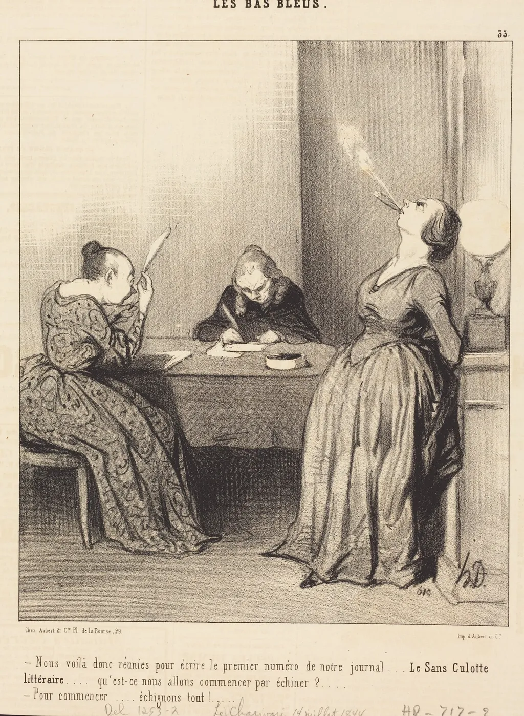 Nous voila... réunies pour écrire le premier numéro..., by Honoré Daumier, ink, 1844