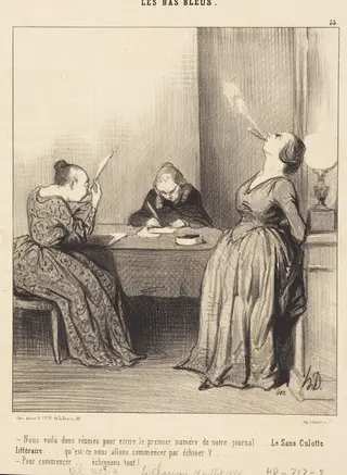Nous voila... réunies pour écrire le premier numéro..., by Honoré Daumier, ink, 1844