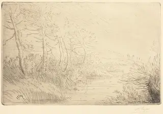 Riverbank (Bord de la riviere), by Alphonse Legros, ink, 1874
