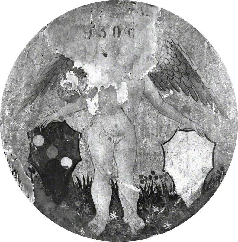 Putto Holding Two Shields of Arms (birth tray, back), detail