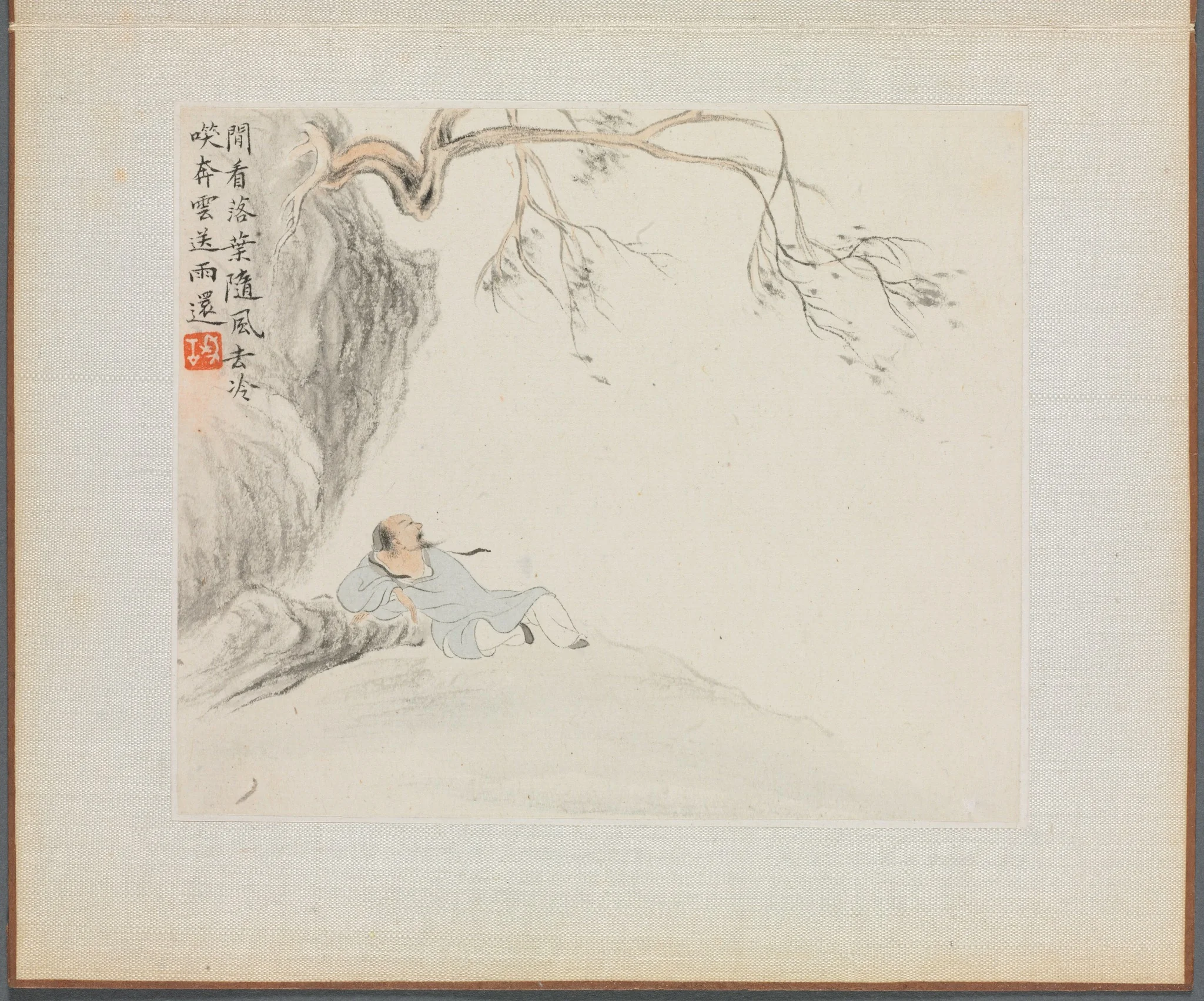 Album of Landscape Paintings Illustrating Old Poems: A Man Reclining and Enjoying the View, detail