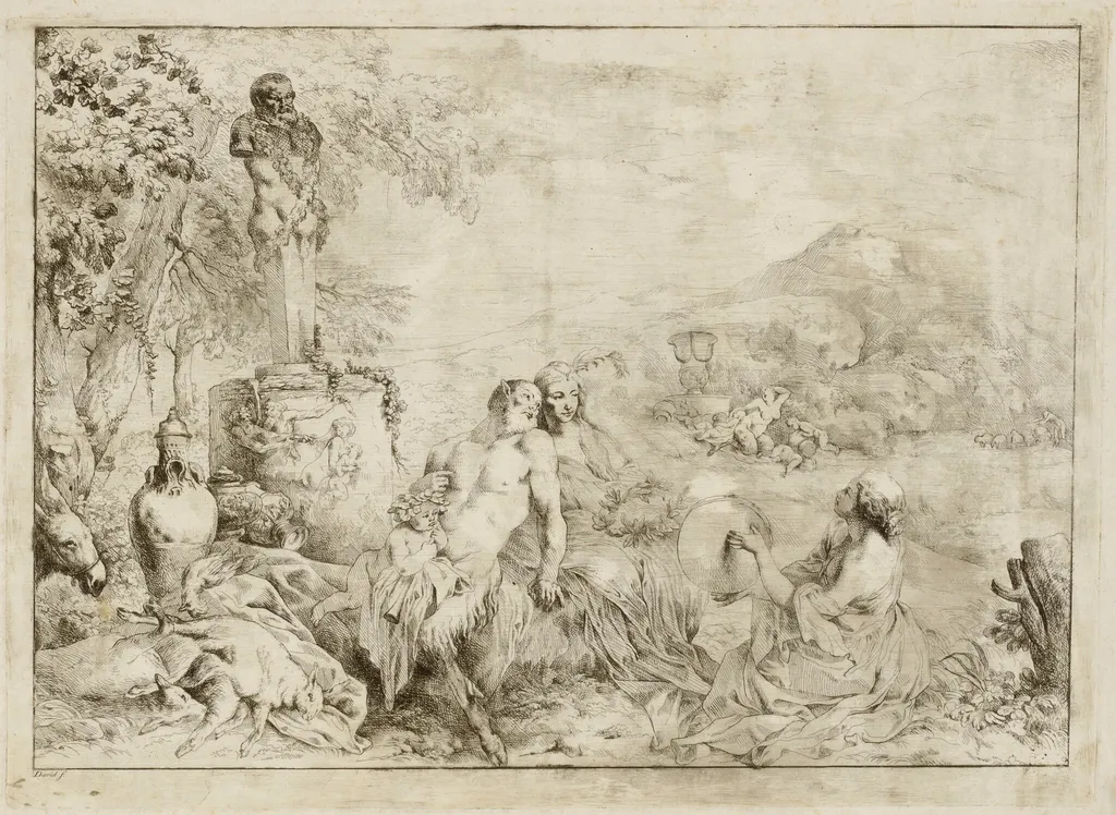 Landscape with a Satyr Family and Classical Sculpture, by Giovanni David, ink, 1776