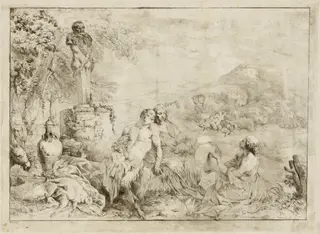 Landscape with a Satyr Family and Classical Sculpture, by Giovanni David, ink, 1776