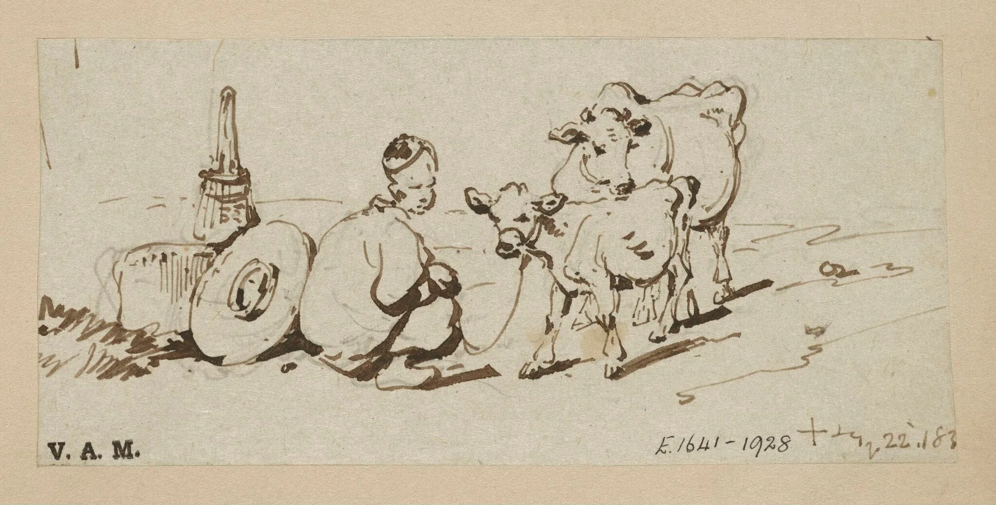 A crouching Chinese figure by a tethered calf and cow, detail