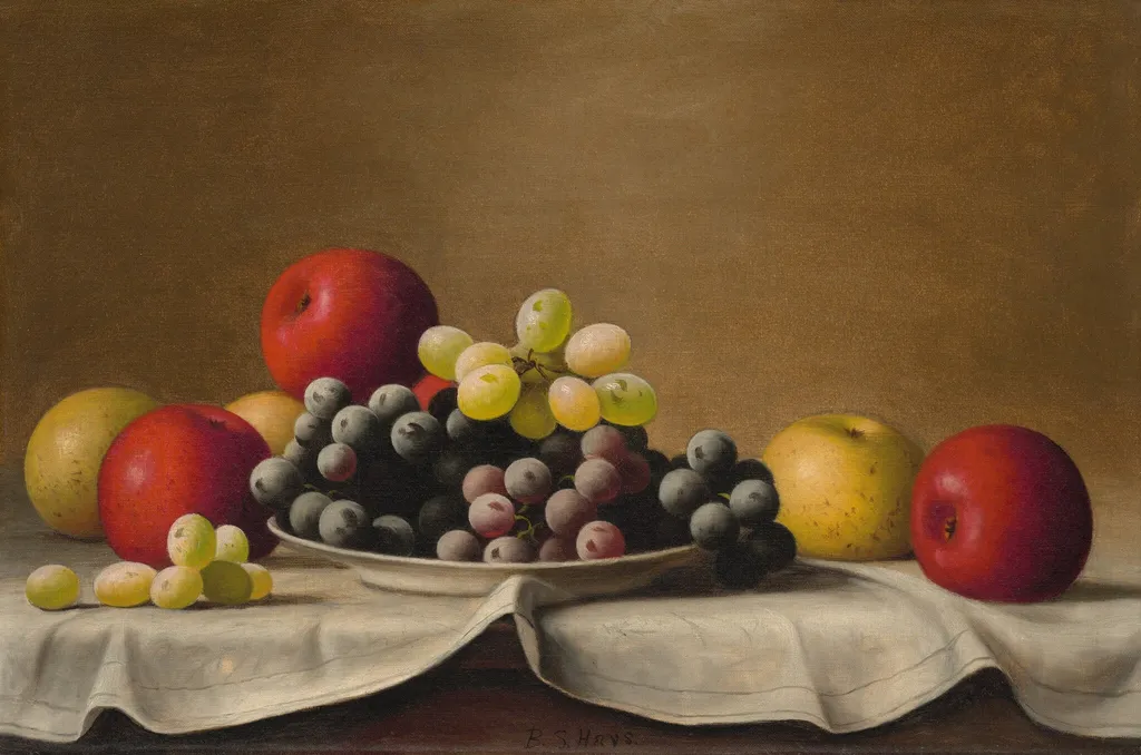 Still Life, Apples, Grapes, by Barton Stone Hays, oil, 1870