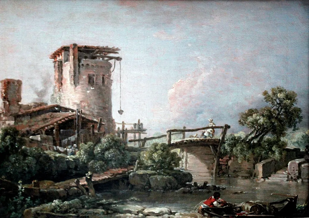 Landscape with Tower and Bridge, by François Boucher, oil, 1758