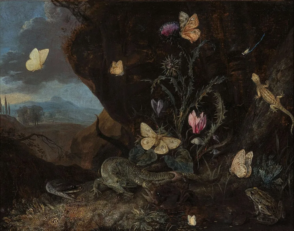 Landschap with insects, cyclamen and thistle, by Otto Marseus van Schrieck, oil, 1658
