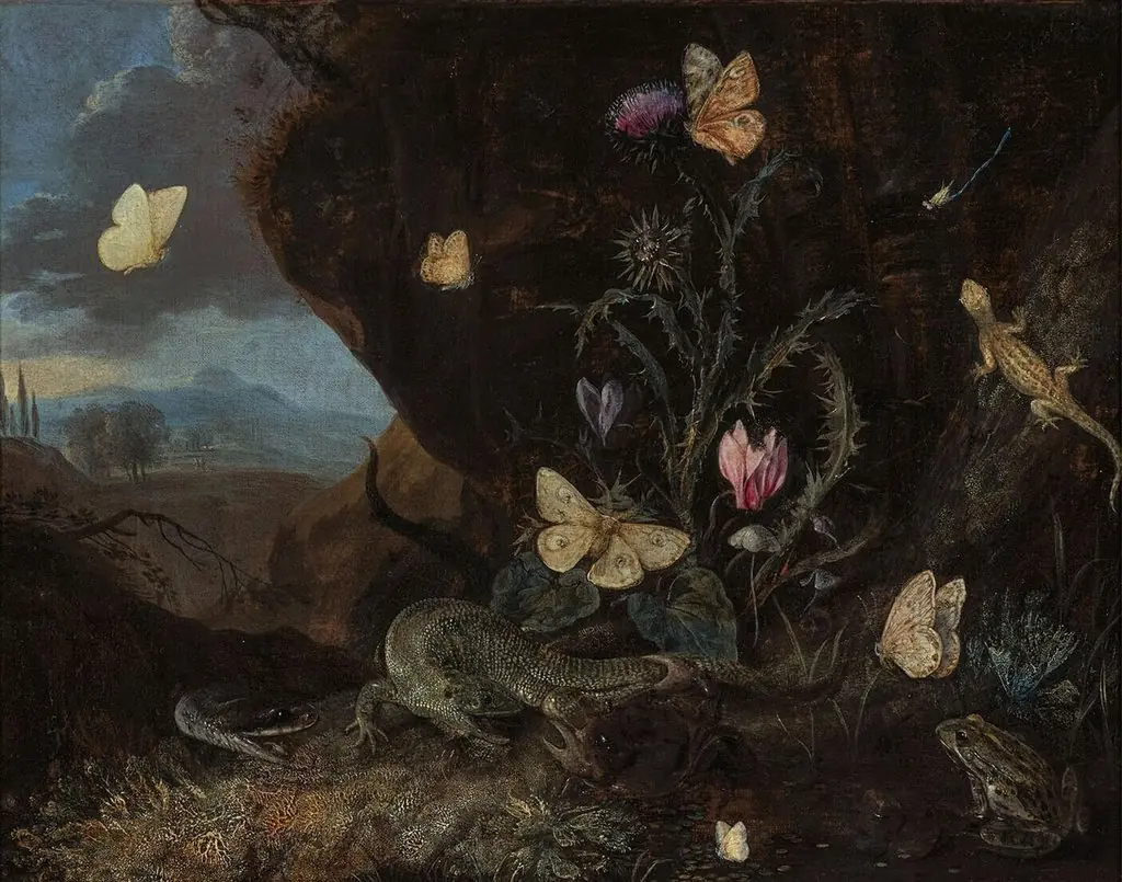 Landschap with insects, cyclamen and thistle, by Otto Marseus van Schrieck, oil, 1658