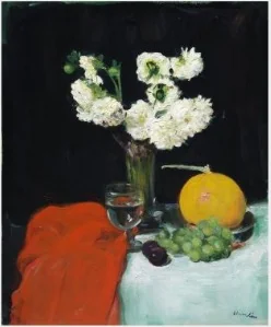 Stlll Life with Dahlias, Wine Glass and Fruit, detail