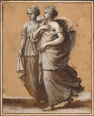 Two Women in Classical Dress, by Claude Lorrain, chalk, 1644