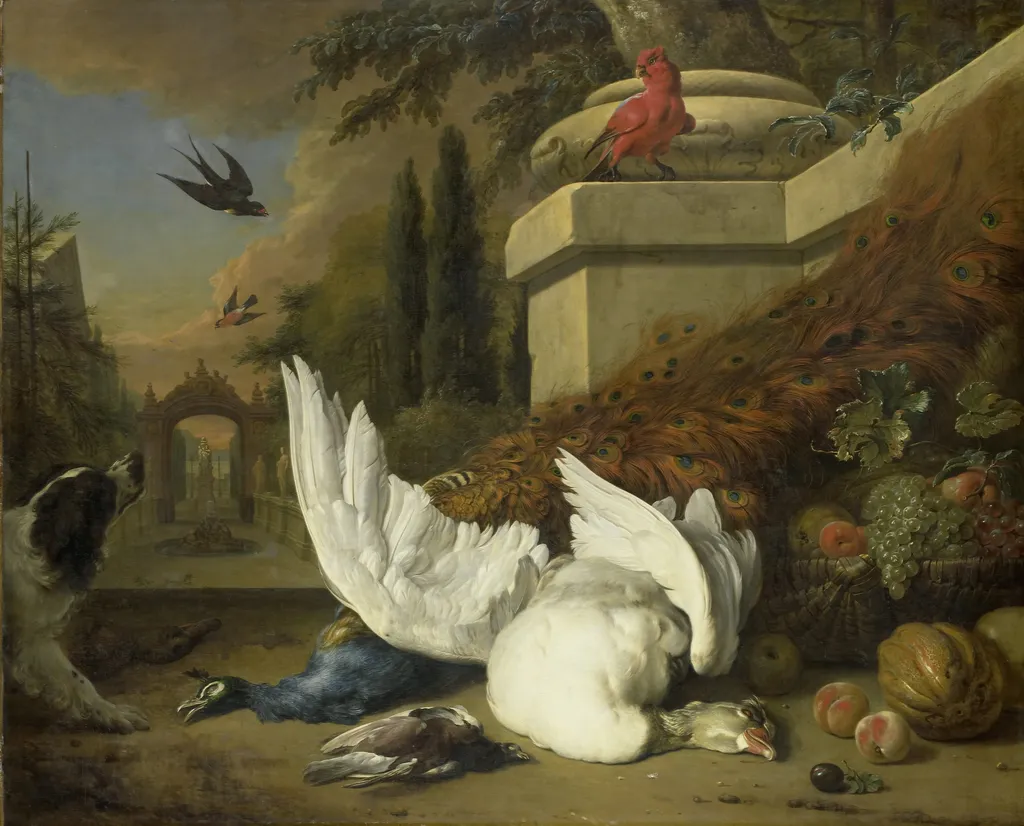 A monkey and a dog beside dead game and fruits, with the estate of Rijxdorp near Wassenaar in the background, by Jan Weenix, oil, 1700