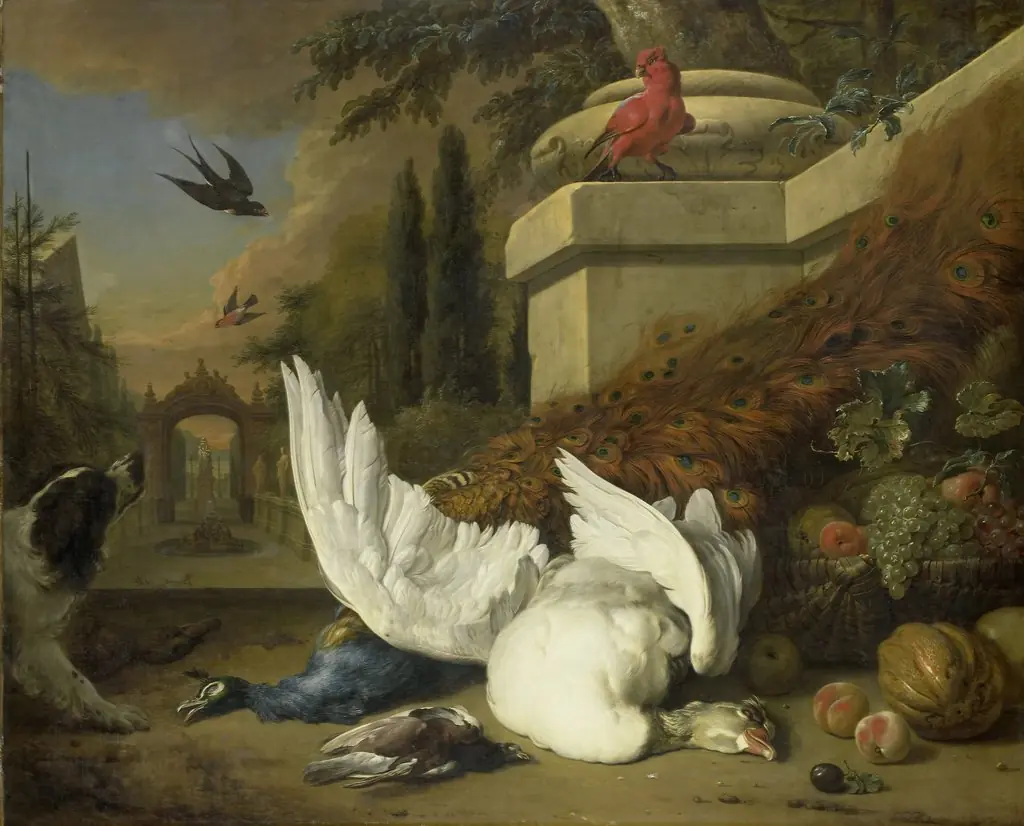 A monkey and a dog beside dead game and fruits, with the estate of Rijxdorp near Wassenaar in the background, by Jan Weenix, oil, 1700