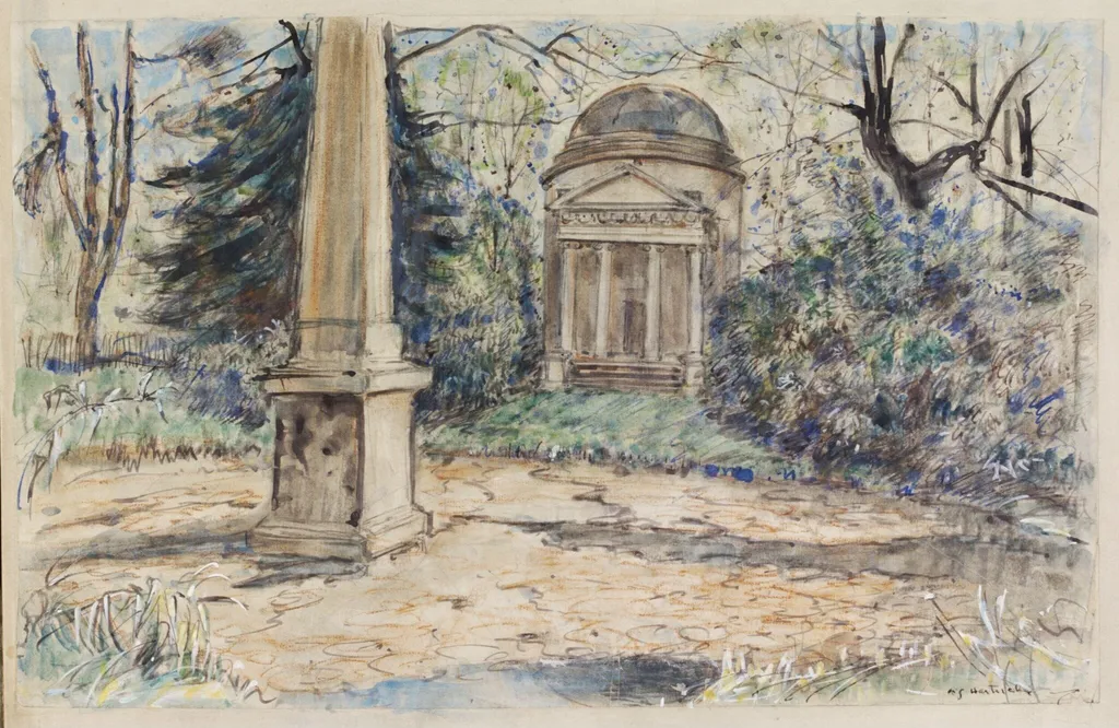 The Temple and the Obelisk, Chiswick House, by Archibald Standish Hartrick, watercolor, 1940