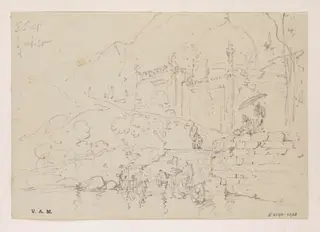 A domed tomb in India, with steps leading down to water, by George Chinnery, 12