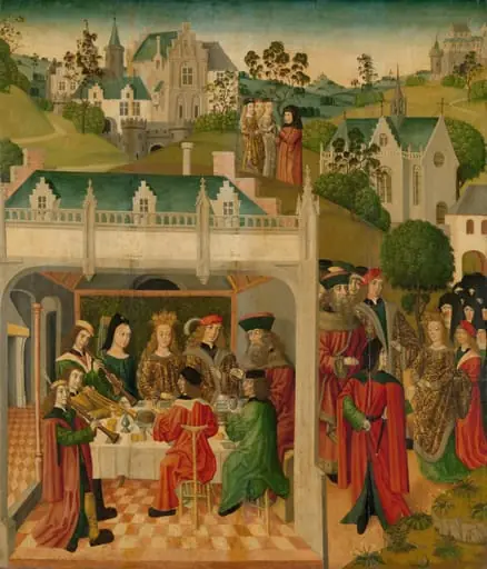 Wedding Feast of Saint Elizabeth of Hungary and Louis of Thuringia in the Wartburg, inner left wing of an altarpiece made for the Grote Kerk in Dordrecht, by Master of the St Elizabeth Panels, unspecified, 1490