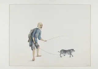 Man Driving a Pig, by Puqua, paint, 1790