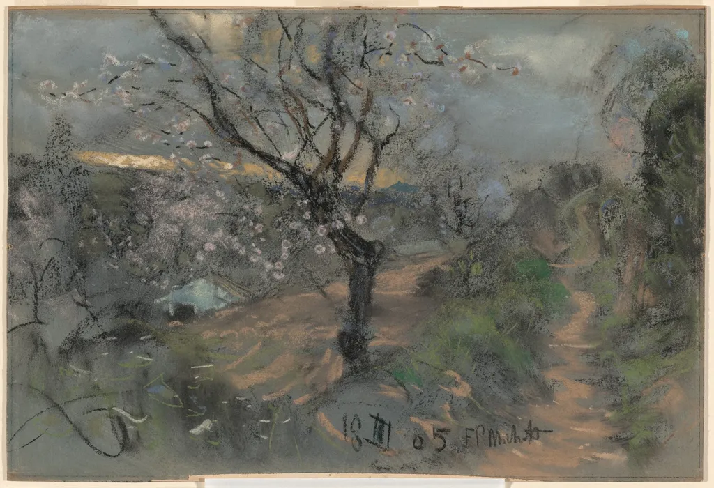 A Hillside Path with Blooming Cherry Trees under an Overcast Sky, by Francesco Paolo Michetti, pastel, 1905