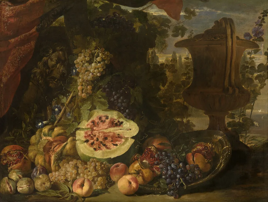 Fruit still life of pumpkin, melon, grapes, peaches and pomegranates; right a garden vase, left a sarcophagus, by David de Coninck, oil, 1690
