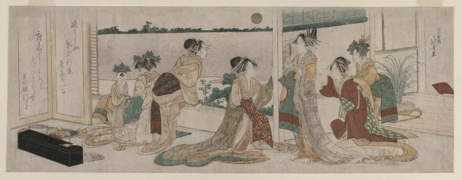 Tsukasa and Other Courtesans of the Ogiya Watching the Autumn Moon Rise Over Rice Fields from a Balcony in the Yoshiwara, detail