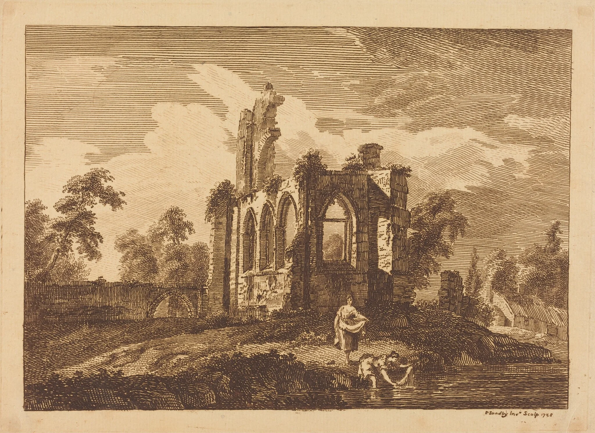 Ruins with Two Women Washing Clothes in a River, detail
