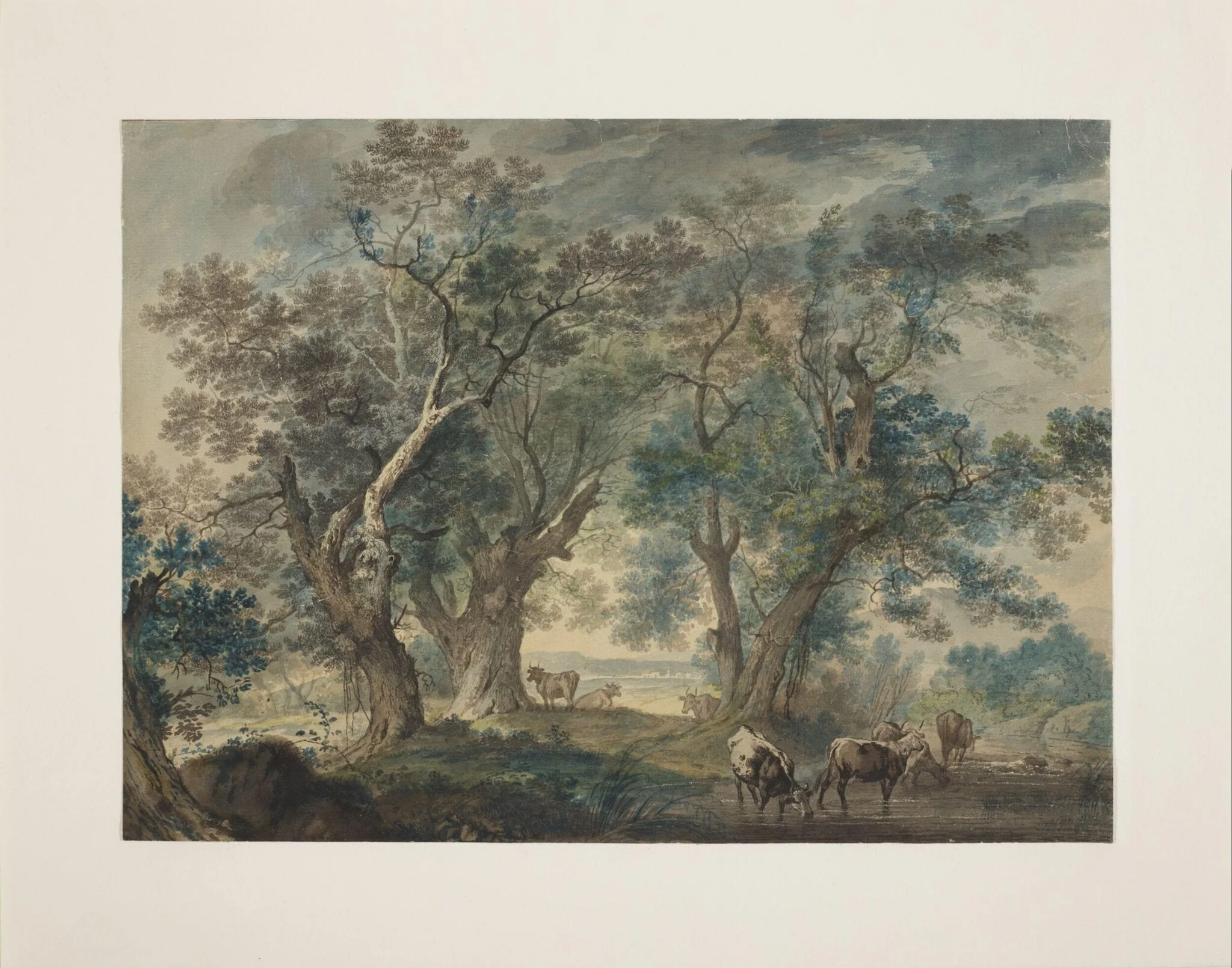 Landscape with cattle drinking at a pool, detail