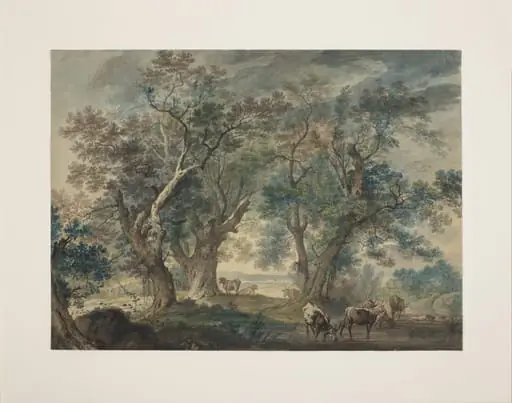 Landscape with cattle drinking at a pool, by George Robertson, watercolor, 1760