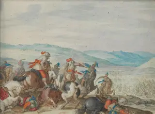 Cavalry Skirmish Mountainous Landscape, by Bartholomäus Dietterlin, unspecified