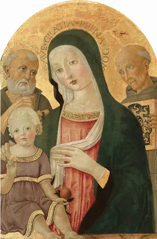 Madonna and Child with Saint Jerome and Saint Bernardino of Siena, by Benvenuto di Giovanni, tempera, 1482