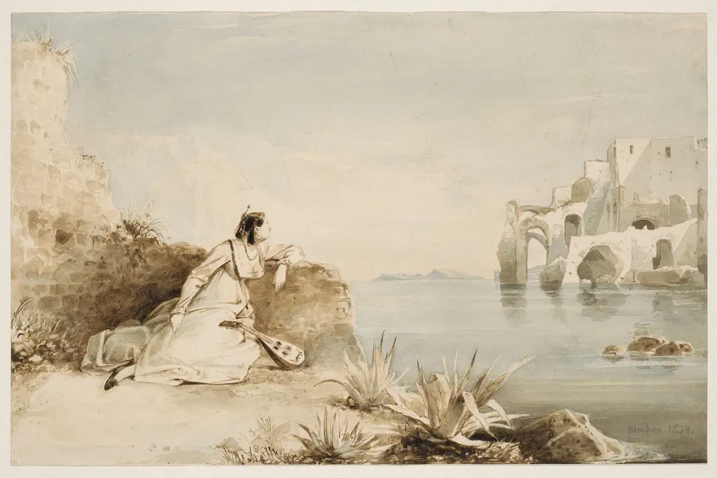 Italian Girl with Mandolin on the Coast of the Gulf of Naples, by Carl Blechen, unspecified, 1834
