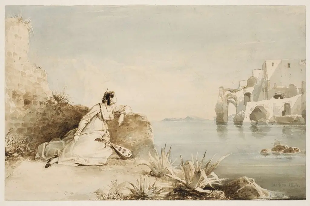 Italian Girl with Mandolin on the Coast of the Gulf of Naples, by Carl Blechen, unspecified, 1834