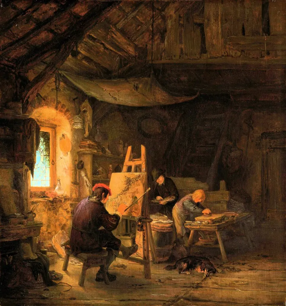 The Painter’s Studio, by Adriaen van Ostade, oil, 1670