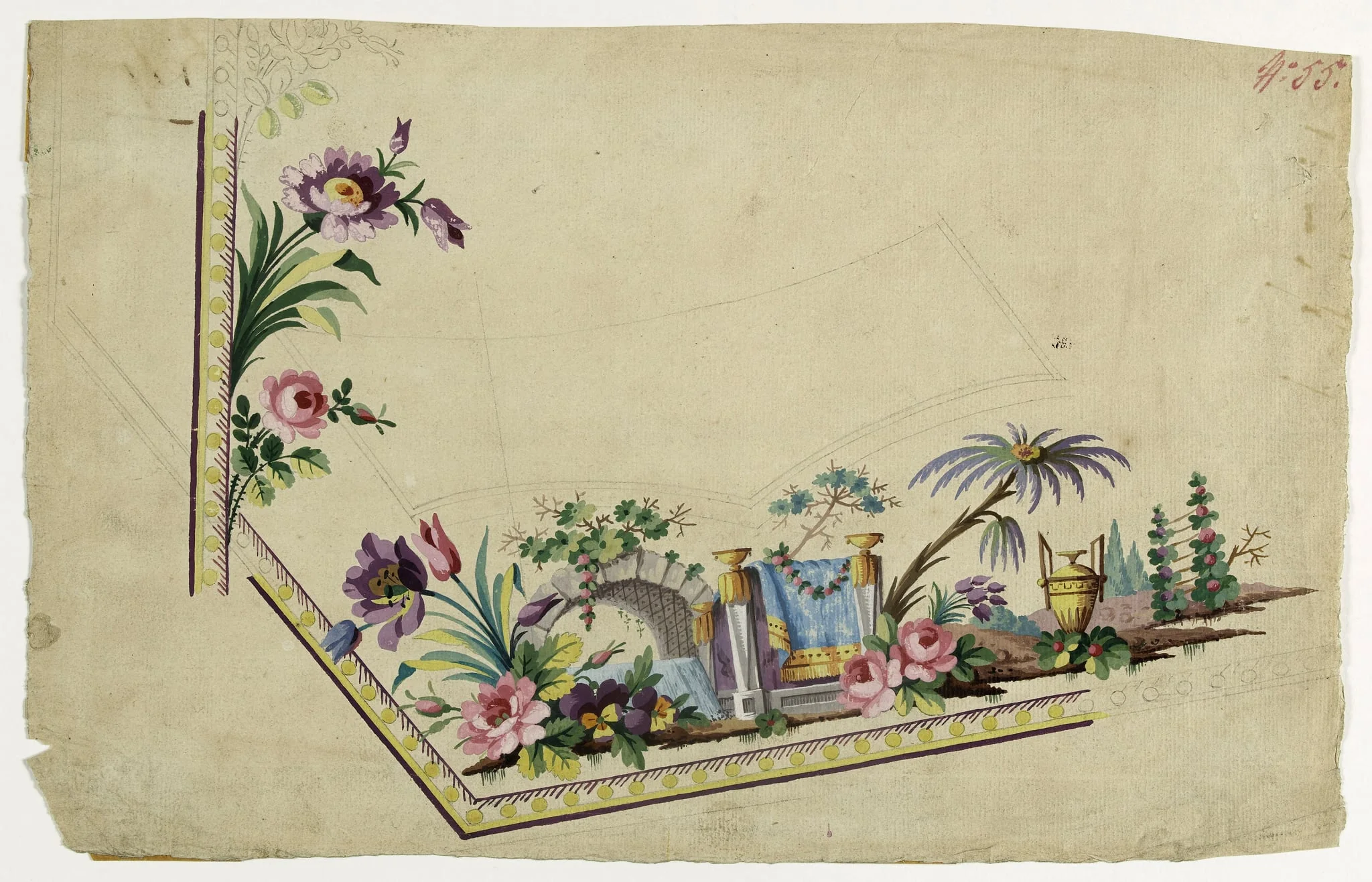 Paysage à pont en pierre, projets de broderies de gilet, XVIIIème siècle, detail