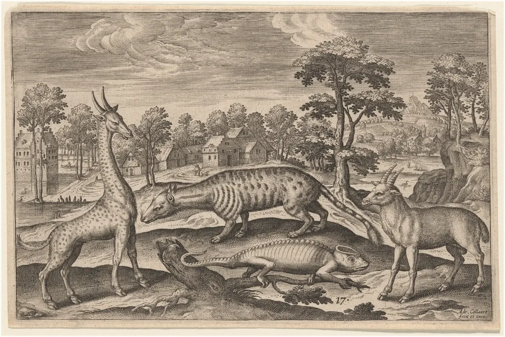 A Giraffe, a Chameleon, a Civet, and an Antelope, by Adriaen Collaert, ink, 1597