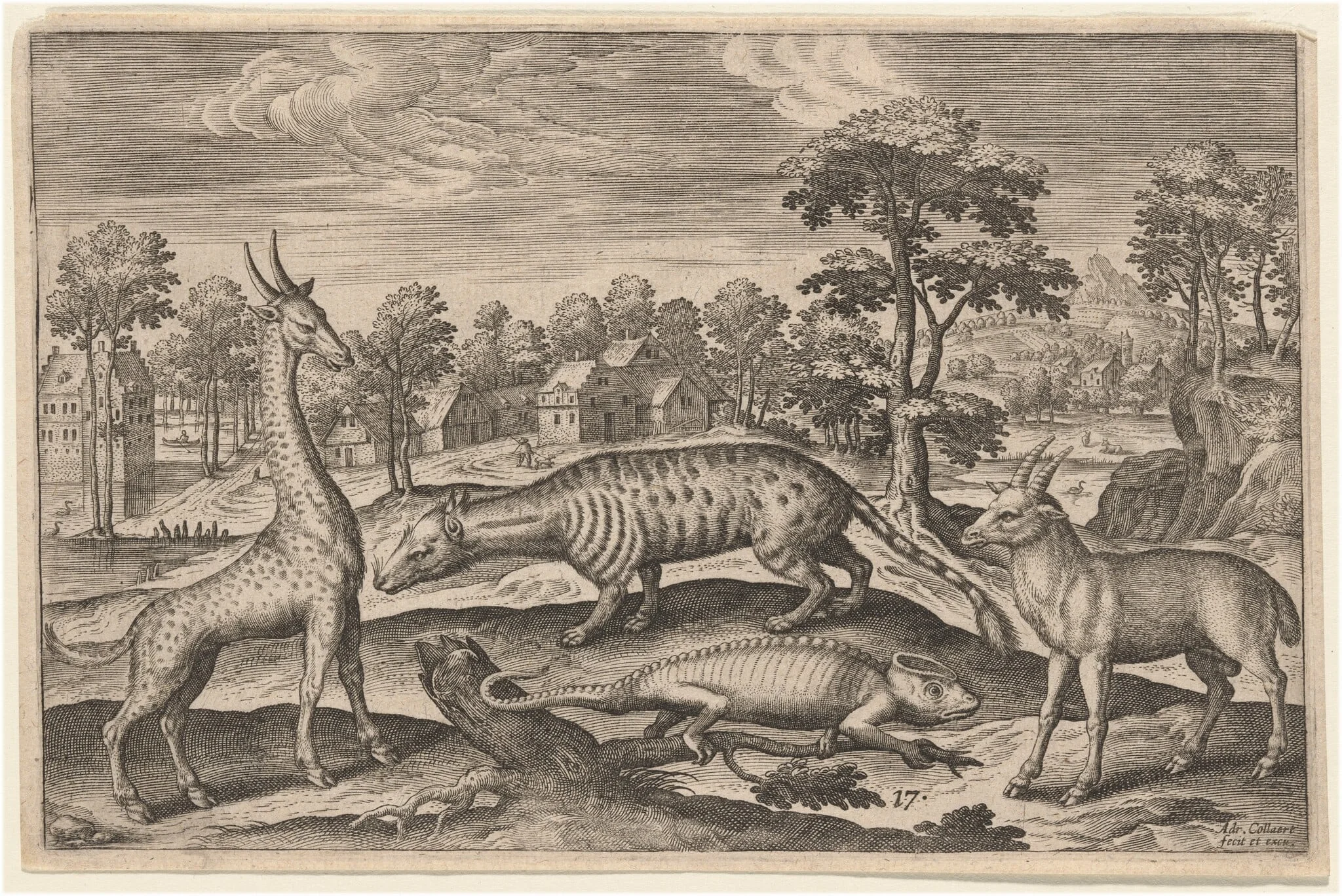 A Giraffe, a Chameleon, a Civet, and an Antelope, detail