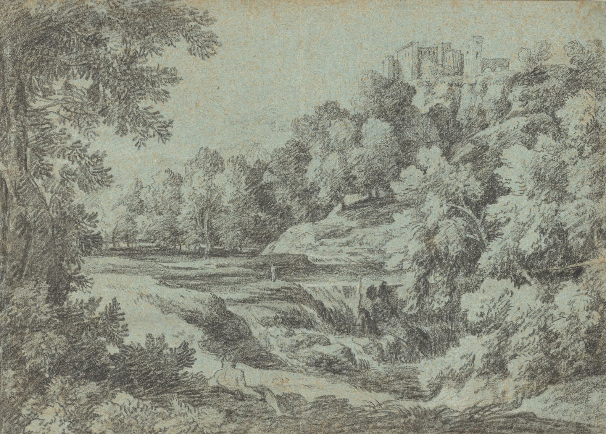 Italian Landscape with Fortifications and a Waterfall, detail
