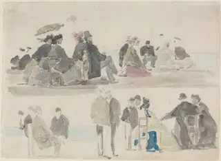 Ladies and Gentlemen on the Beach, in Two Registers, by Eugène Louis Boudin, graphite, 1865