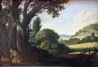 Mary Magdalene praying in a rolling landscape, by Jacob Pynas, paint, 1617