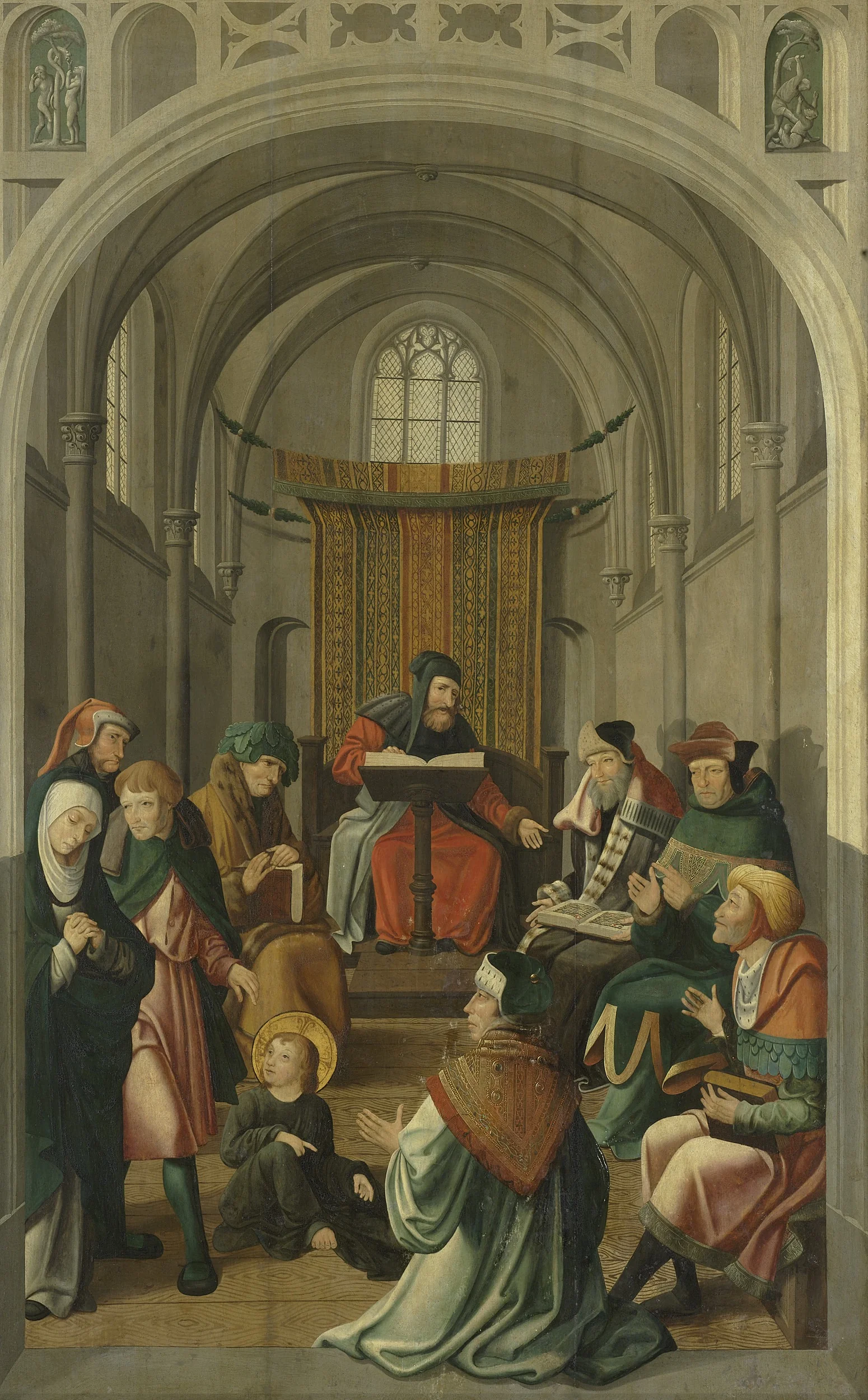 Panel of an altarpiece with Jesus disputing with the doctors in the Temple (inner wing) and Christ appearing to his mother (outer wing), detail