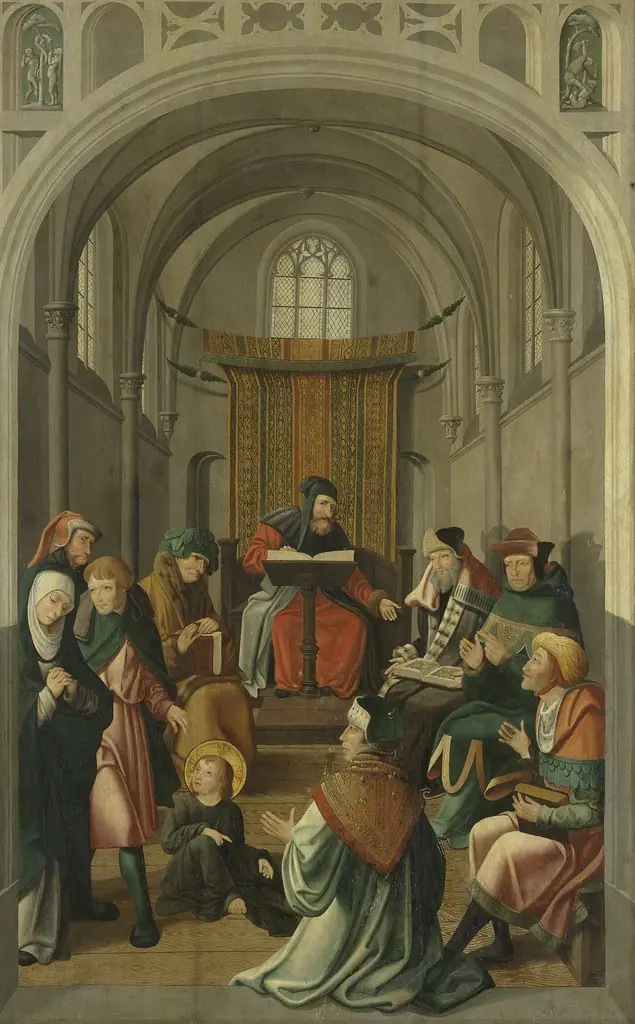 Panel of an altarpiece with Jesus disputing with the doctors in the Temple (inner wing) and Christ appearing to his mother (outer wing), by Master of Alkmaar, oil