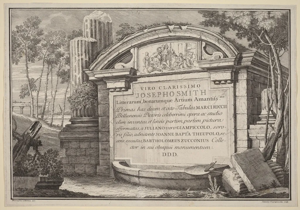 Classical Ruins in a Landscape: frontispiece, by Giovanni Battista Tiepolo, ink, 1728