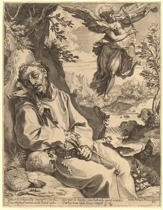 Saint Francis Consoled by the Musical Angel, by Agostino Carracci, ink, 1595