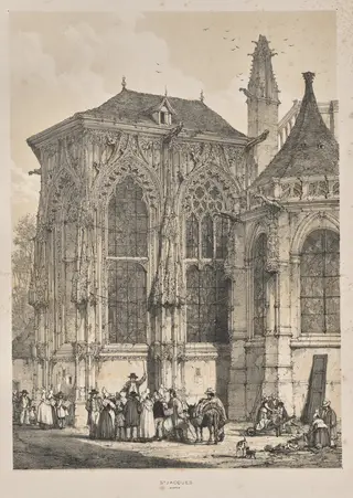 Architecture of the Middle Ages:  St. Jacques, Dieppe, East End, Exterior, by Joseph Nash, 1838