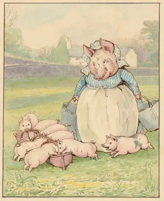 Aunt Pettitoes feeding her piglets, by Beatrix Potter, watercolor, 1913