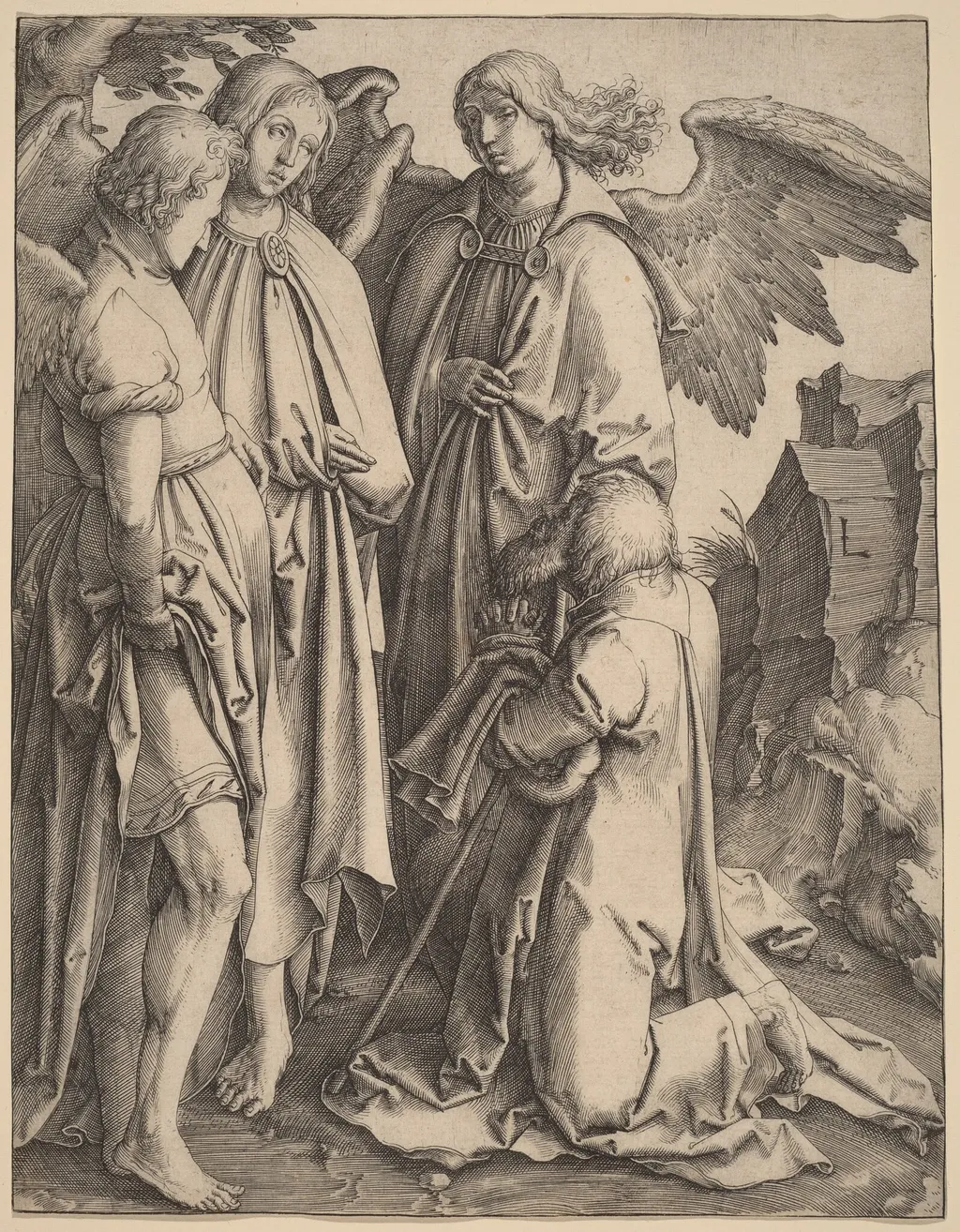 Abraham and the Three Angels, by Lucas van Leyden, ink, 1513