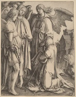 Abraham and the Three Angels, by Lucas van Leyden, ink, 1513