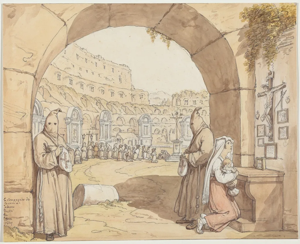 La Compagnia dei sacconi al Colosseo (Penitents Praying at Altars in the Colosseum), by Bartolomeo Pinelli, chalk, 1829